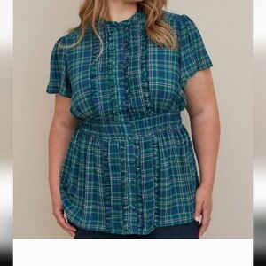 Torrid Size 3 Ruffle Front Flutter Sleeve Blouse Blue Green Plaid